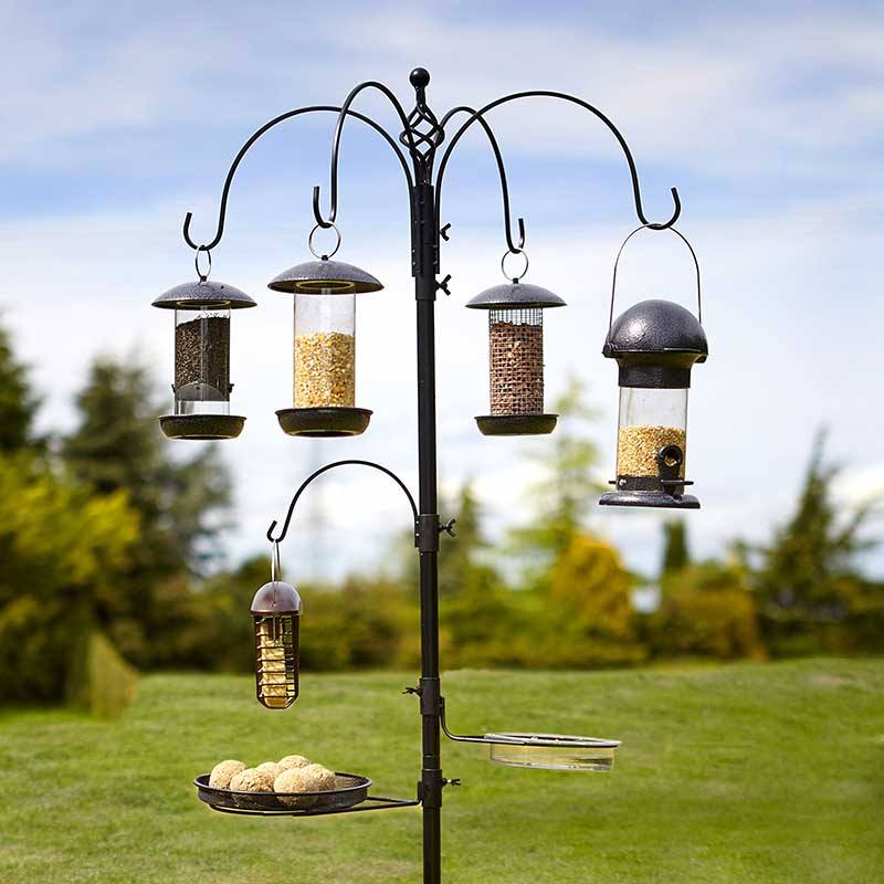Bird station garden gifts for mum in the middle of garden with 5 bird feeders hanging from it. 